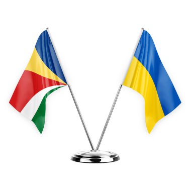 Two table flags isolated on white background 3d illustration, seychelles and ukraine