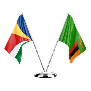 Two table flags isolated on white background 3d illustration, seychelles and zambia