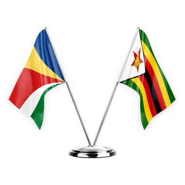 Two table flags isolated on white background 3d illustration, seychelles and zimbabwe