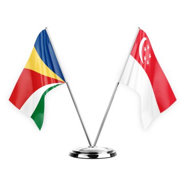 Two table flags isolated on white background 3d illustration, seychelles and singapore