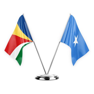 Two table flags isolated on white background 3d illustration, seychelles and somalia