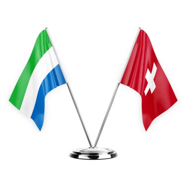 Two table flags isolated on white background 3d illustration, sierra leone and switzerland