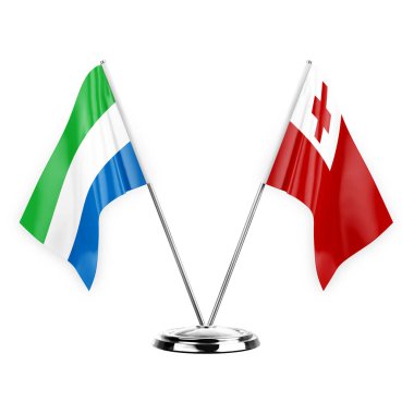 Two table flags isolated on white background 3d illustration, sierra leone and tonga