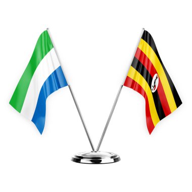 Two table flags isolated on white background 3d illustration, sierra leone and uganda