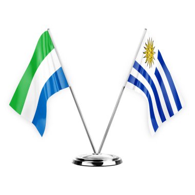 Two table flags isolated on white background 3d illustration, sierra leone and uruguay