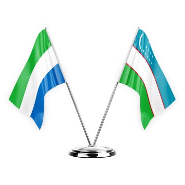 Two table flags isolated on white background 3d illustration, sierra leone and uzbekistan
