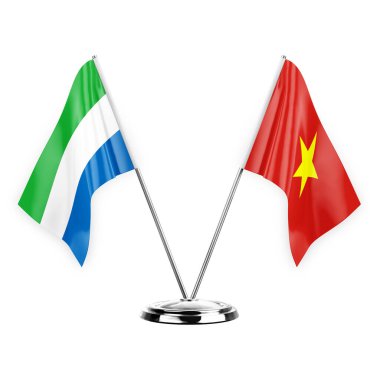 Two table flags isolated on white background 3d illustration, sierra leone and vietnam