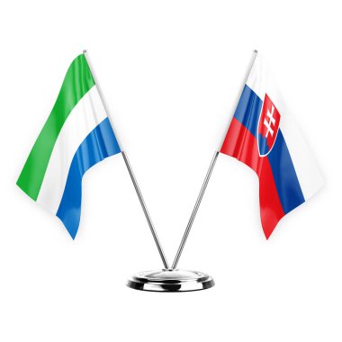 Two table flags isolated on white background 3d illustration, sierra leone and slovakia