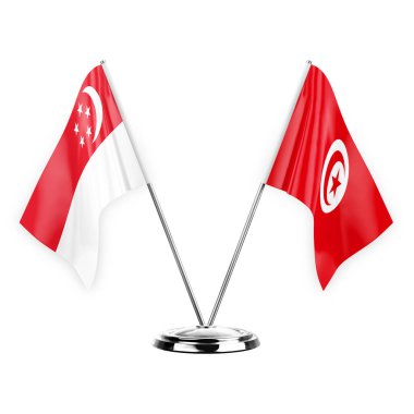 Two table flags isolated on white background 3d illustration, singapore and tunisia