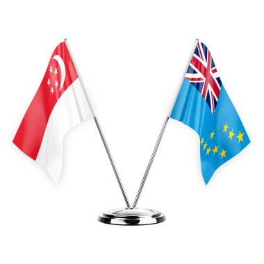 Two table flags isolated on white background 3d illustration, singapore and tuvalu