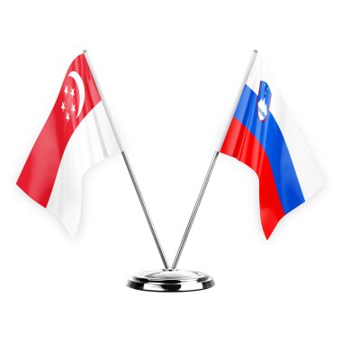 Two table flags isolated on white background 3d illustration, singapore and slovenia
