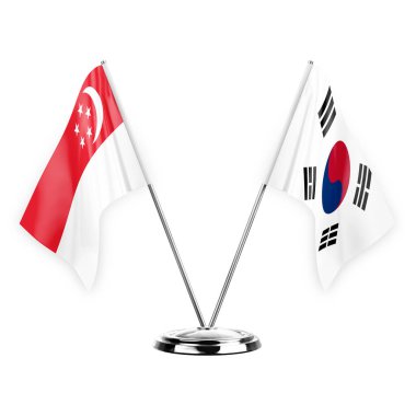 Two table flags isolated on white background 3d illustration, singapore and south korea