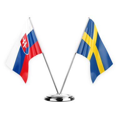 Two table flags isolated on white background 3d illustration, slovakia and sweden