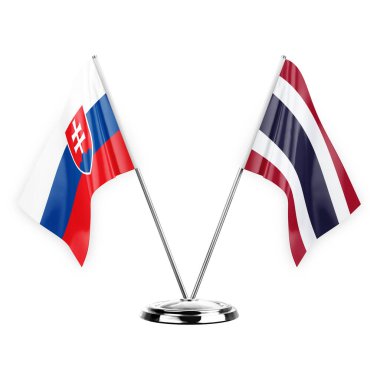 Two table flags isolated on white background 3d illustration, slovakia and thailand