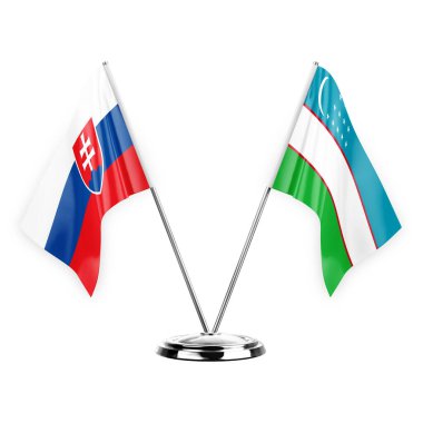 Two table flags isolated on white background 3d illustration, slovakia and uzbekistan