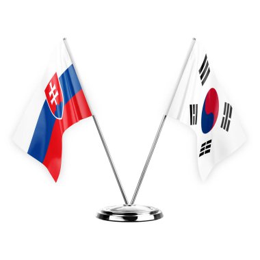 Two table flags isolated on white background 3d illustration, slovakia and south korea