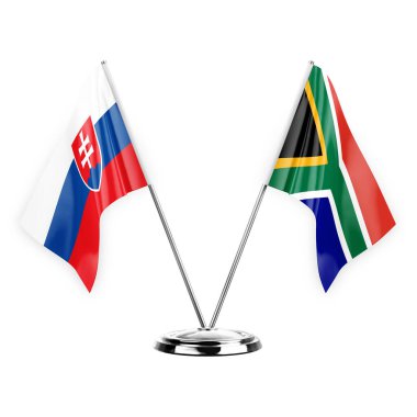 Two table flags isolated on white background 3d illustration, slovakia and south africa