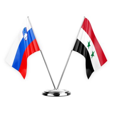 Two table flags isolated on white background 3d illustration, slovenia and syria
