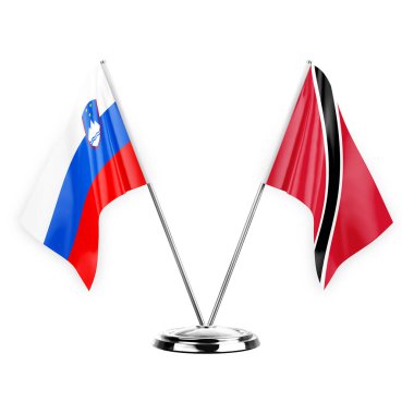 Two table flags isolated on white background 3d illustration, slovenia and tobago