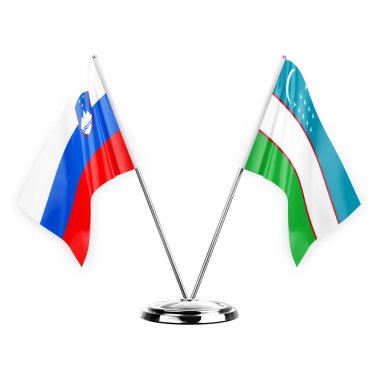 Two table flags isolated on white background 3d illustration, slovenia and uzbekistan