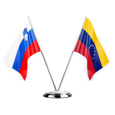 Two table flags isolated on white background 3d illustration, slovenia and venezuela