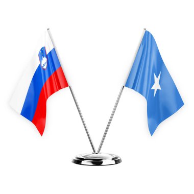 Two table flags isolated on white background 3d illustration, slovenia and somalia