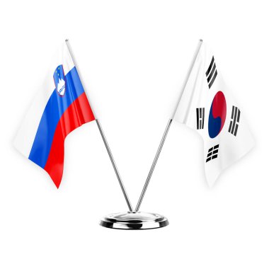 Two table flags isolated on white background 3d illustration, slovenia and south korea