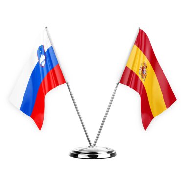 Two table flags isolated on white background 3d illustration, slovenia and spain