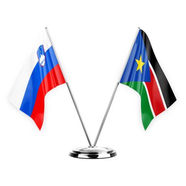 Two table flags isolated on white background 3d illustration, slovenia and south sudan