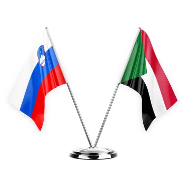 Two table flags isolated on white background 3d illustration, slovenia and sudan