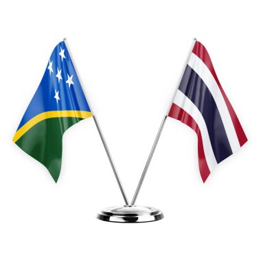 Two table flags isolated on white background 3d illustration, solomon islands and thailand
