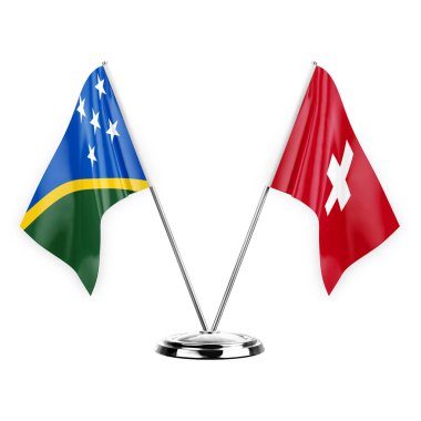 Two table flags isolated on white background 3d illustration, solomon islands and switzerland