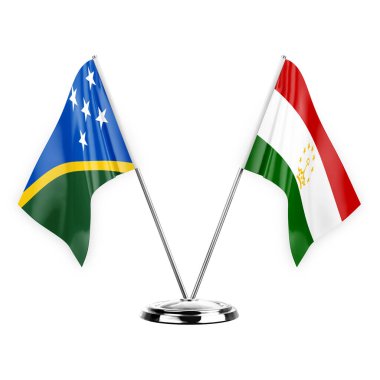 Two table flags isolated on white background 3d illustration, solomon islands and tajikistan