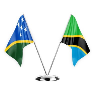 Two table flags isolated on white background 3d illustration, solomon islands and tanzania