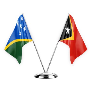 Two table flags isolated on white background 3d illustration, solomon islands and timor leste