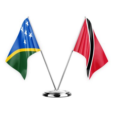 Two table flags isolated on white background 3d illustration, solomon islands and tobago