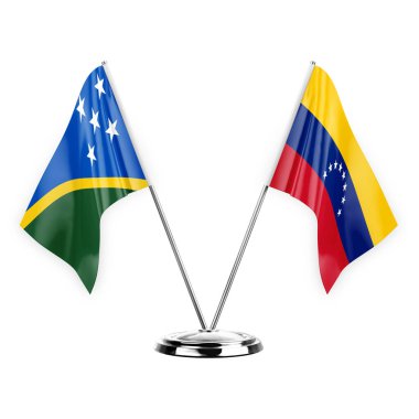 Two table flags isolated on white background 3d illustration, solomon islands and venezuela