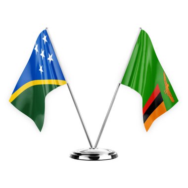 Two table flags isolated on white background 3d illustration, solomon islands and zambia