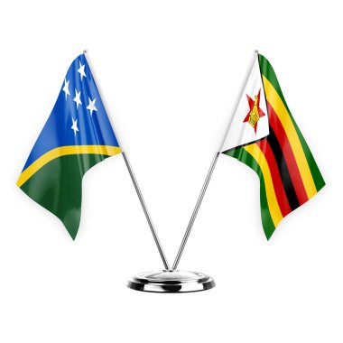 Two table flags isolated on white background 3d illustration, solomon islands and zimbabwe
