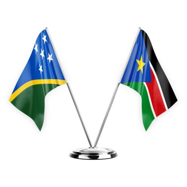 Two table flags isolated on white background 3d illustration, solomon islands and south sudan