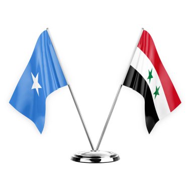 Two table flags isolated on white background 3d illustration, somalia and syria