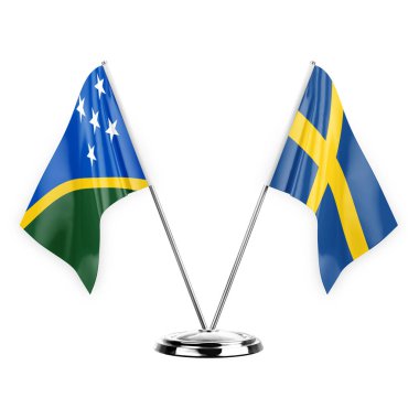Two table flags isolated on white background 3d illustration, solomon islands and sweden