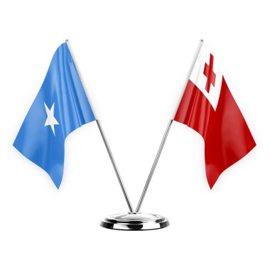 Two table flags isolated on white background 3d illustration, somalia and tonga