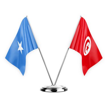 Two table flags isolated on white background 3d illustration, somalia and tunisia