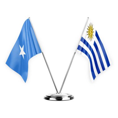 Two table flags isolated on white background 3d illustration, somalia and uruguay