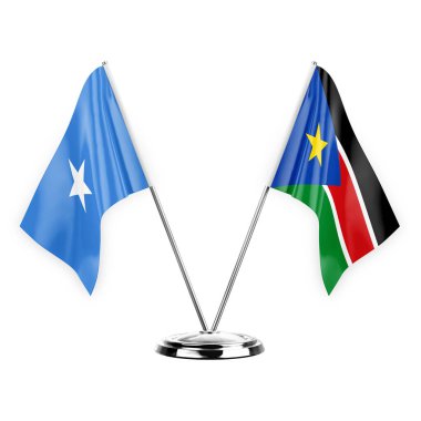 Two table flags isolated on white background 3d illustration, somalia and south sudan