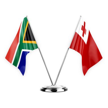 Two table flags isolated on white background 3d illustration, south africa and tonga