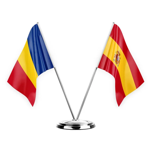 Two Table Flags Isolated White Background Illustration Romania Spain — Fotografia de Stock
