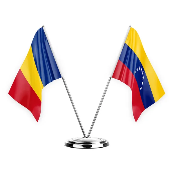 Dos Banderas Mesa Aisladas Sobre Fondo Blanco Ilustración Romania Venezuela — Foto de Stock