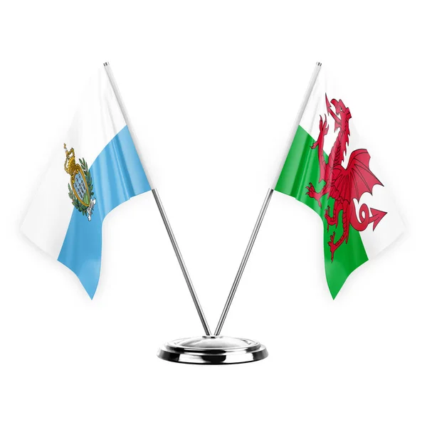 Two Table Flags Isolated White Background Illustration San Marino Wales — Fotografia de Stock